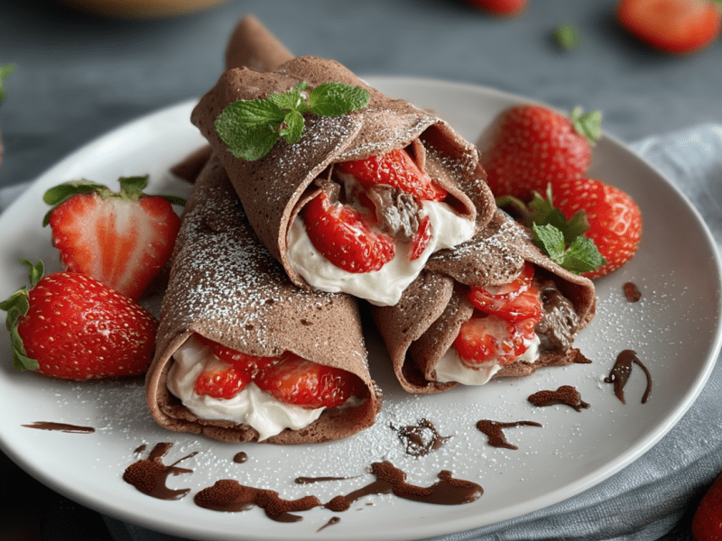 Drei Kakao-Burritos mit Erdbeeren liegen auf einem weißen Teller. Um sie herum sind einige Erdbeeren sowie etwas Schokosoße verteilt.