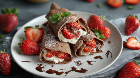 Drei Kakao-Burritos mit Erdbeeren liegen auf einem weißen Teller. Um sie herum sind einige Erdbeeren sowie etwas Schokosoße verteilt.