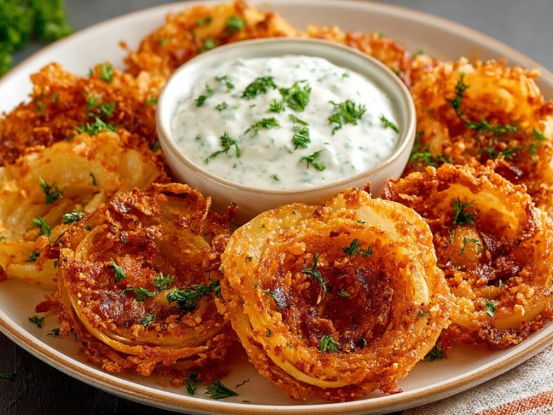 Teller mit karamellisierten Zwiebel-Parmesan-Chips und einem Dip