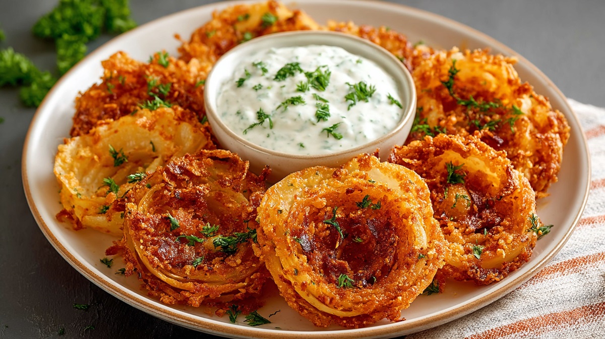 Teller mit karamellisierten Zwiebel-Parmesan-Chips und einem Dip