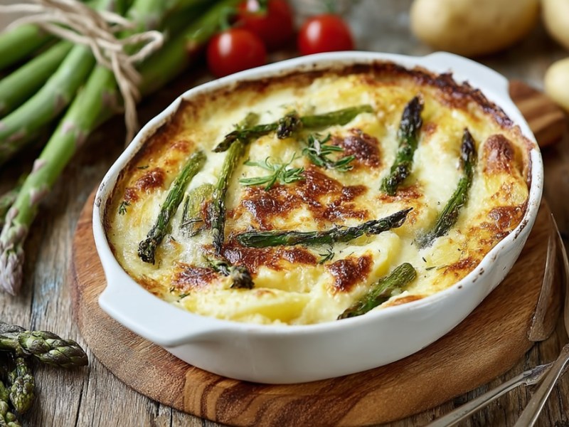 Kartoffel-Auflauf mit grünem Spargel auf einem Tisch, Zutaten daneben