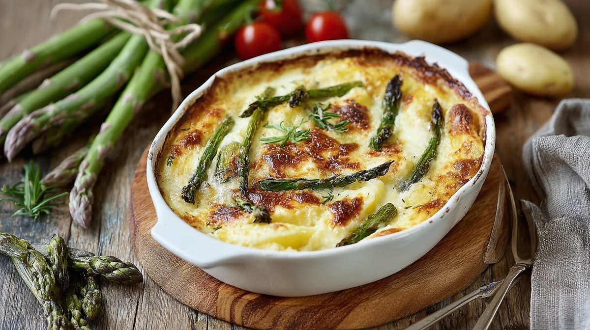 Kartoffel-Auflauf mit grünem Spargel auf einem Tisch, Zutaten daneben