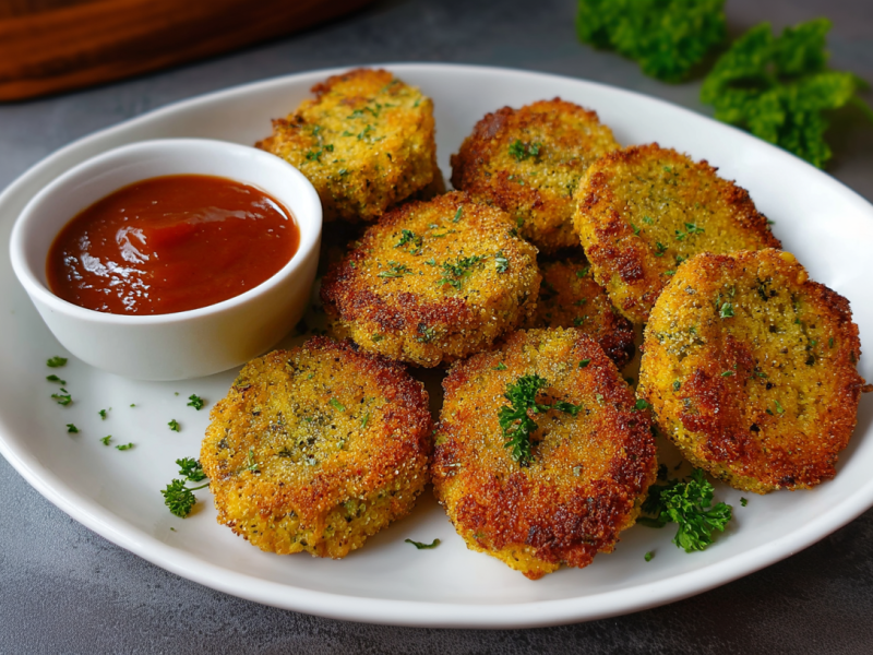 Mehrere Kichererbsen-Nuggets auf einem Teller. Daneben steht ein Schälchen mit Tomatensoße.
