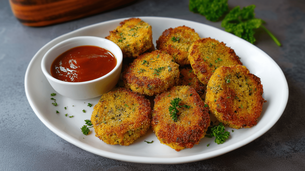 Mehrere Kichererbsen-Nuggets auf einem Teller. Daneben steht ein Schälchen mit Tomatensoße.