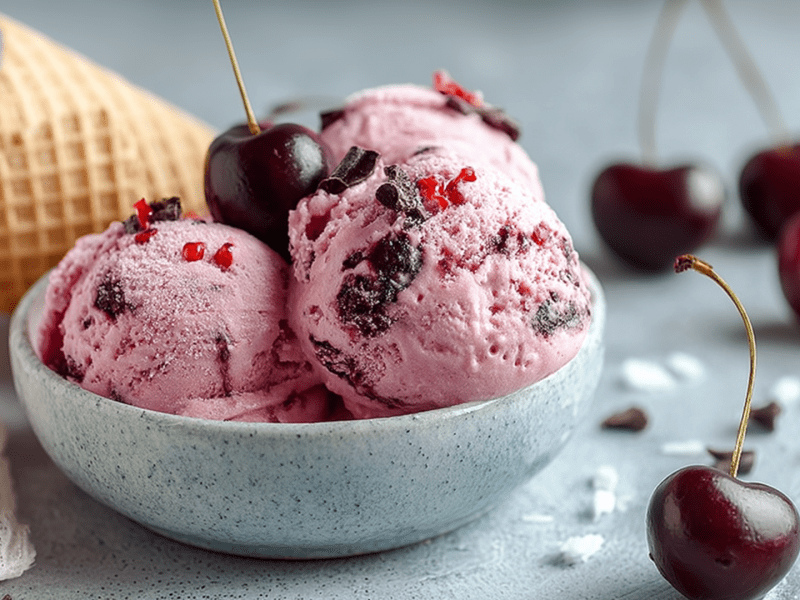 Eine Schüssel mit einigen Kugeln Kirscheis mit Schokolade und Chili, die mit einer Kirsche und Chiliflocken garniert sind. Um die Schüsse herum liegen einzelne frische Kirschen. Außerdem ist im Hintergrund eine Eiswaffel zu sehen.