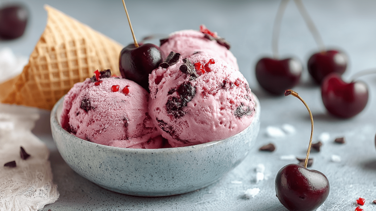 Eine Schüssel mit einigen Kugeln Kirscheis mit Schokolade und Chili, die mit einer Kirsche und Chiliflocken garniert sind. Um die Schüsse herum liegen einzelne frische Kirschen. Außerdem ist im Hintergrund eine Eiswaffel zu sehen.