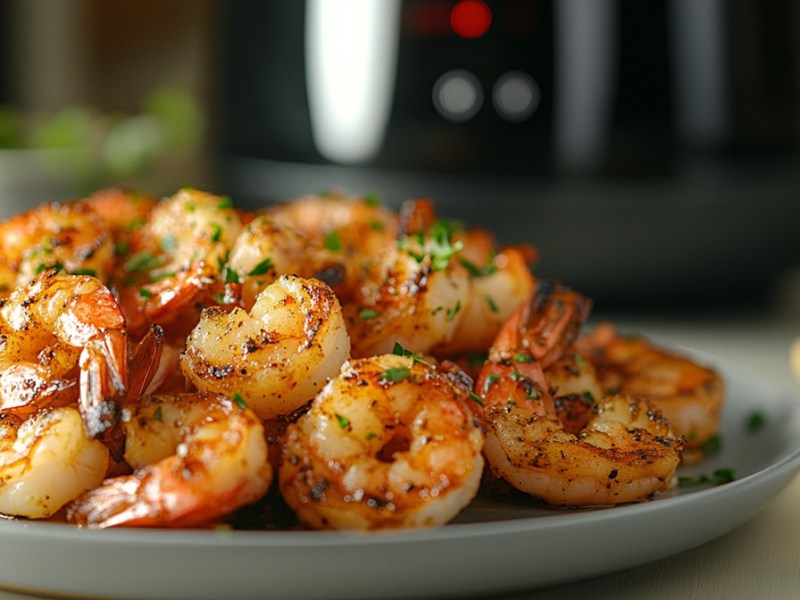 Teller mit Knoblauch-Garnelen aus dem Airfryer und Heißluftfritteuse im Hintergrund
