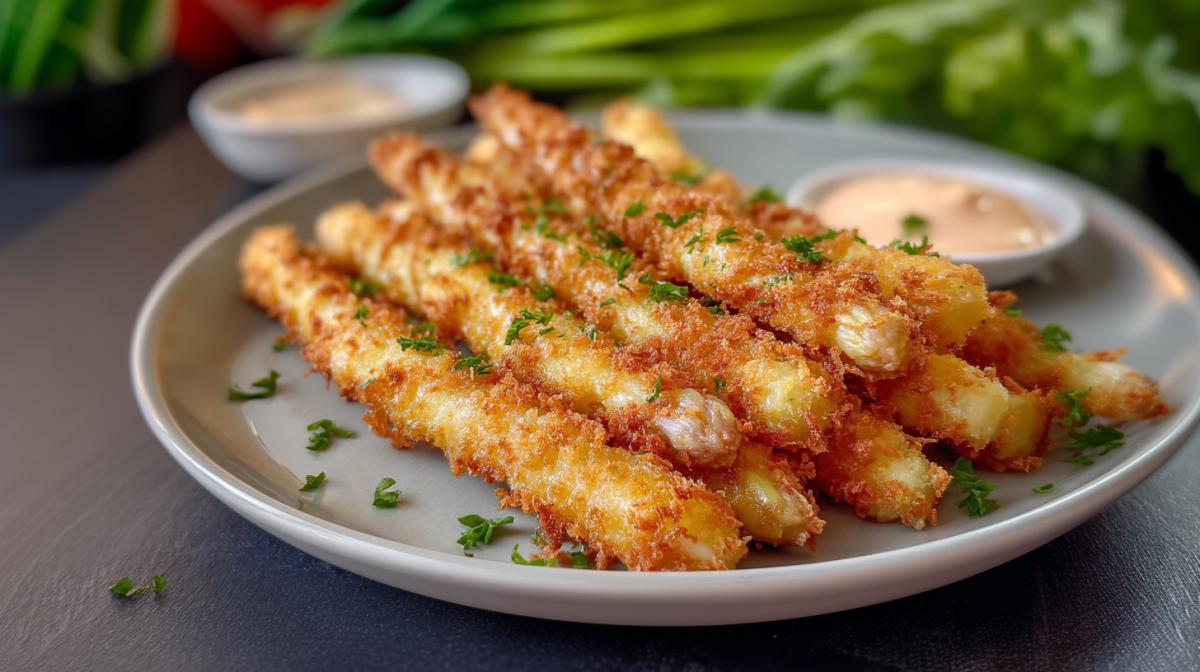 Mehrere Stangen knusprig panierter Spargel liegen auf einem grauen Teller. Sie sind mit einigen Kräutern bestreut, im Hintergrund stehen zwei Schalen mit Dip.