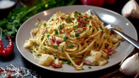 Kohlrabi-Carbonara auf einem grauen Pastateller. Drum herum liegen Zutaten.