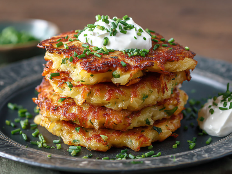 Ein Stapel Kohlrabi-Kartoffelpuffer mit Schmand und Schnittlauch.