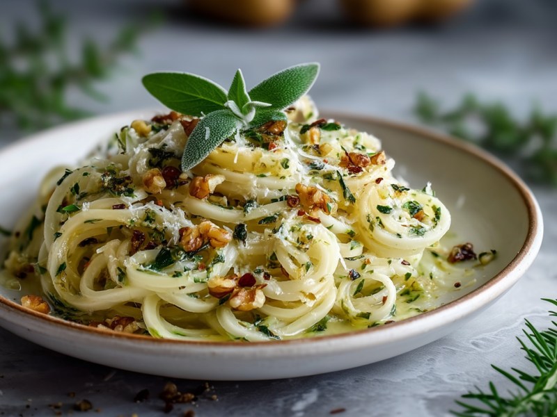 Ein Teller mit einer Portion Kohlrabi-Nudeln mit Salbeibutter, die mit frischen Salbeiblättern und gehackten Walnüssen garniert sind. Um den Teller herum liegen frische Rosmarinzweige.