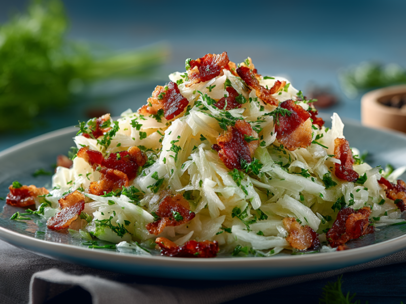 Ein Teller mit Kohlrabi-Salat mit knusprigem Speck. Im Hintergrund liegt ein Apfel und eine Schale mit Pfefferkörnern. Außerdem kann man einen frischen Bund Petersilie erahnen.