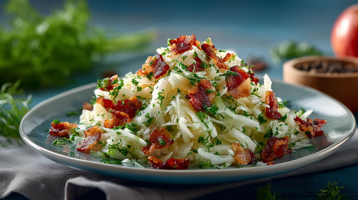 Ein Teller mit Kohlrabi-Salat mit knusprigem Speck. Im Hintergrund liegt ein Apfel und eine Schale mit Pfefferkörnern. Außerdem kann man einen frischen Bund Petersilie erahnen.