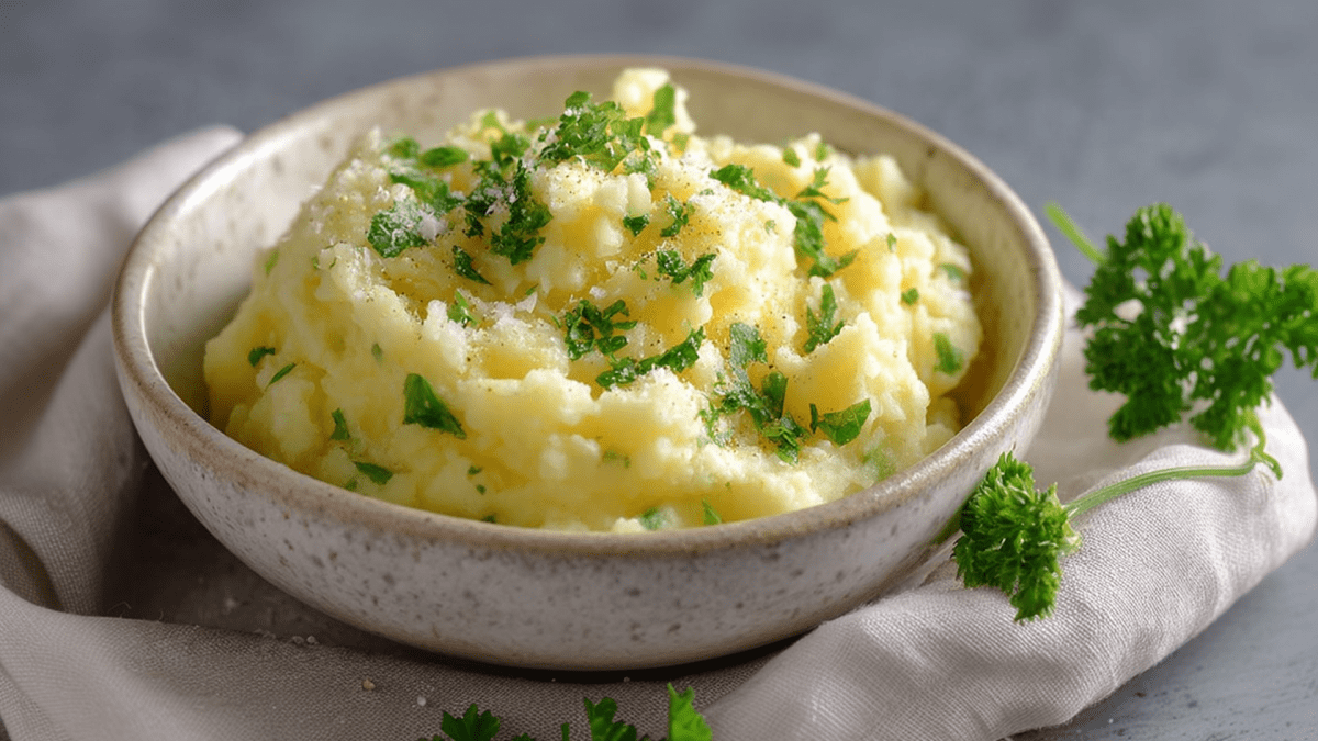 Eine Schüssel mit Kohlrabi-Stampf, der mit frischer gehackter Petersilie garniert ist. Die Schüssel steht auf einem beigen Küchentuch. Rechts liegt etwas frischer Petersilie neben der Schüssel.