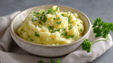 Eine Schüssel mit Kohlrabi-Stampf, der mit frischer gehackter Petersilie garniert ist. Die Schüssel steht auf einem beigen Küchentuch. Rechts liegt etwas frischer Petersilie neben der Schüssel.