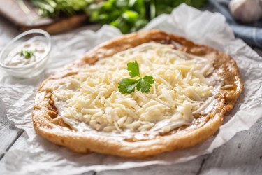 Ein Langos aus der Heißluftfritteuse mit Knoblauchcreme und geriebenem Käse.