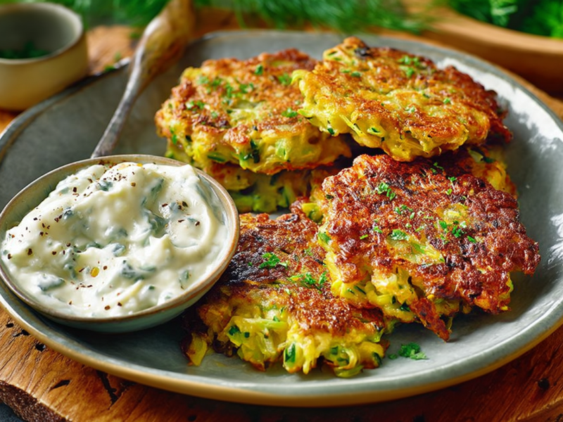 Ein Teller voller Lauchpuffer, serviert mit einem Kräuter-Dip.