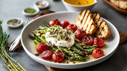 Teller mit lauwarmem Spargel-Tomaten-Salat mit Burrata und geröstetem Brot