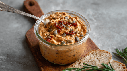 Ein Glas Linsen-Balsamico-Aufstrich auf einem Holzbrett. Ein Löffel ist in dem Aufstrich. Vor dem Glas liegen ein paar Brotscheiben.