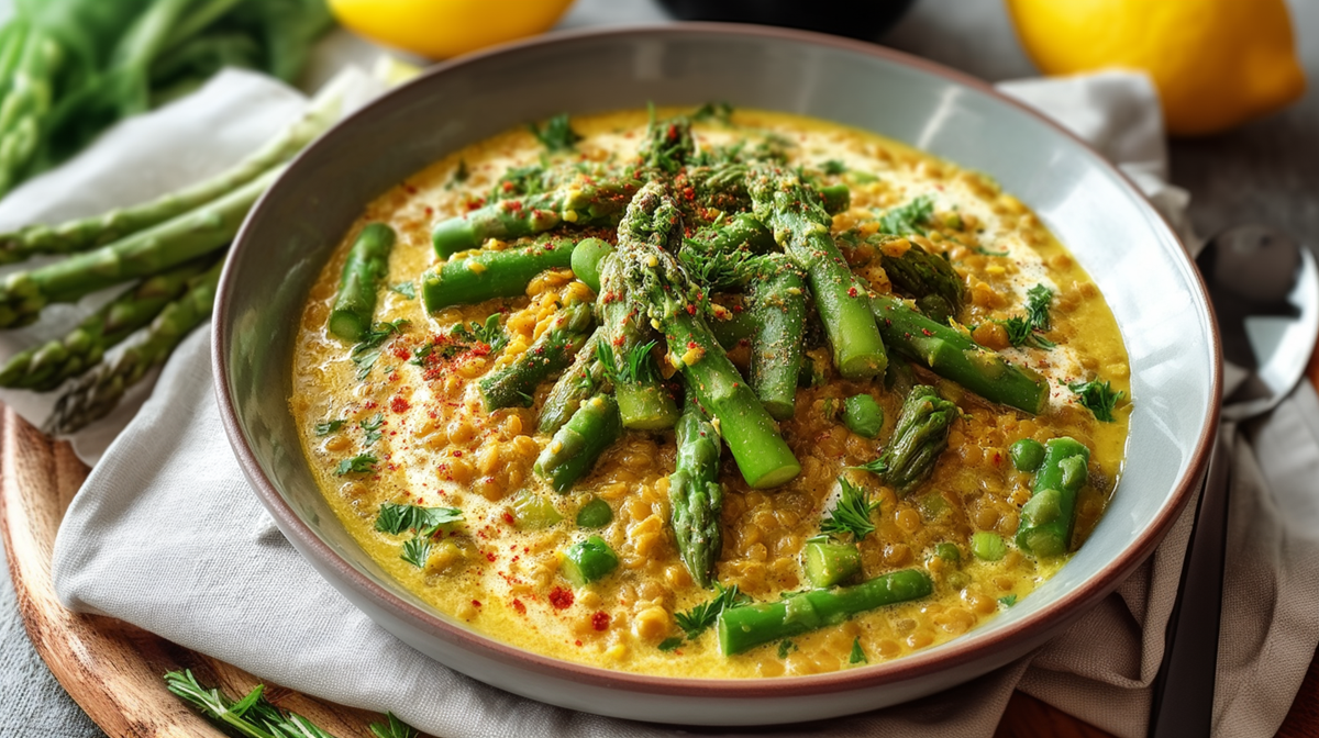 Ein tiefer Teller mit Linsen-Spargel-Curry, der auf einer Stoffserviette auf einem runden Holzbrett steht. Neben dem Teller liegt ein Löffel. Außerdem sind grüne Spargelstangen und Zitronen im Bild zu sehen.