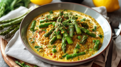 Ein tiefer Teller mit Linsen-Spargel-Curry, der auf einer Stoffserviette auf einem runden Holzbrett steht. Neben dem Teller liegt ein Löffel. Außerdem sind grüne Spargelstangen und Zitronen im Bild zu sehen.