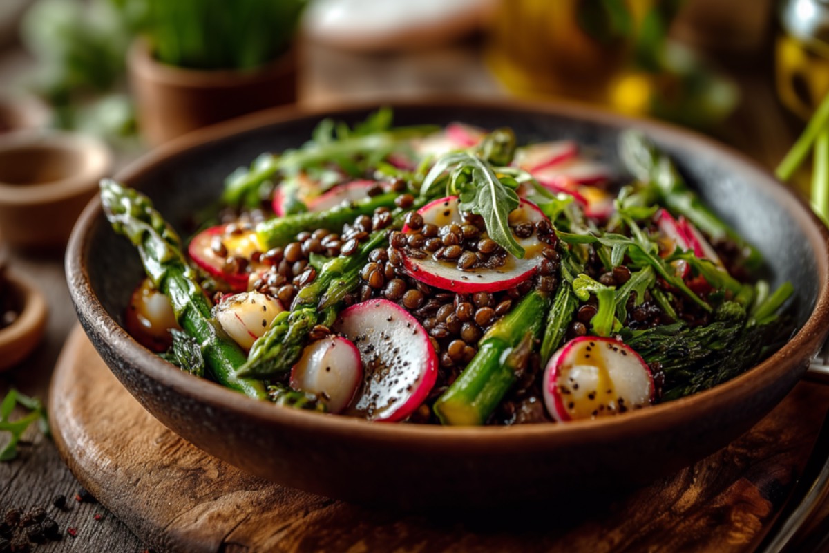Eine Schüssel Linsensalat mit Spargel.