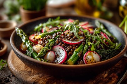 Eine Schüssel Linsensalat mit Spargel.