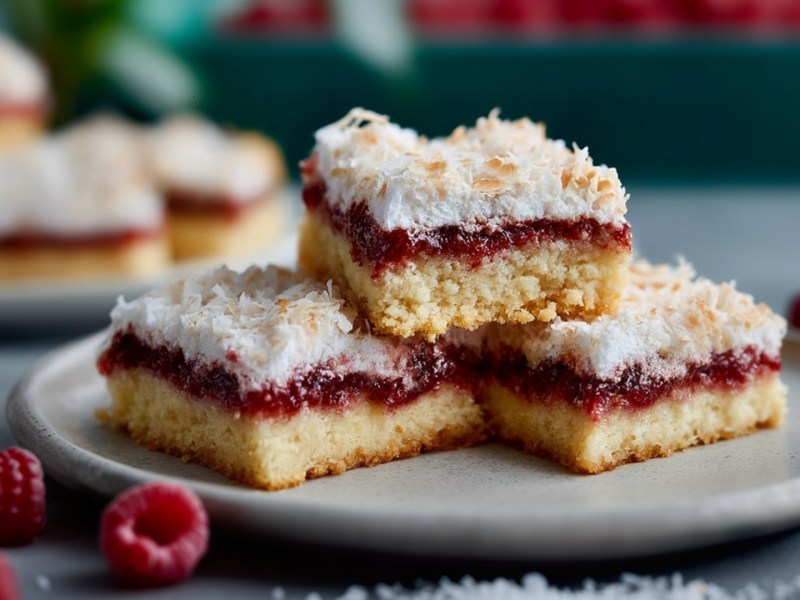 Ein Teller mit einigen Stücken Louise Cake, die aufeinander gestapelt sind. Im Hintergrund kann man weitere Kuchenstücke erkennen. Um den Teller herum liegen Himbeeren und Kokosraspel verstreut.