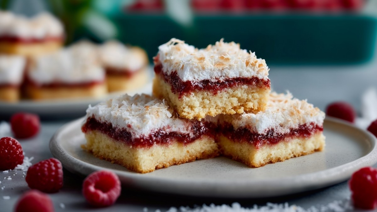 Ein Teller mit einigen Stücken Louise Cake, die aufeinander gestapelt sind. Im Hintergrund kann man weitere Kuchenstücke erkennen. Um den Teller herum liegen Himbeeren und Kokosraspel verstreut.