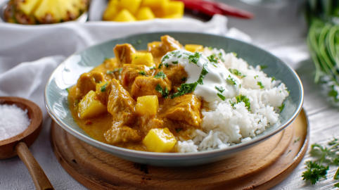 Madras Curry in einem grauen Teller auf einem Holzuntersetzer. Links im Bild sieht man eine Holzschale mit Salz. Im Hintergrund liegt weitere Ananas.