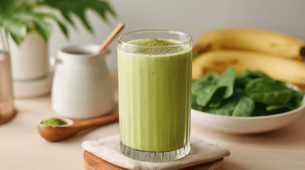 Ein Matcha-Smoothie steht auf einem beigen Tuch auf einem hölzernen Untersetzer. IM Hintergrund sieht man von links nach rechts eine Pflanze, einen Holzlöffel mit Matchapulver eine Schale mit Spinat und zwei Bananen.