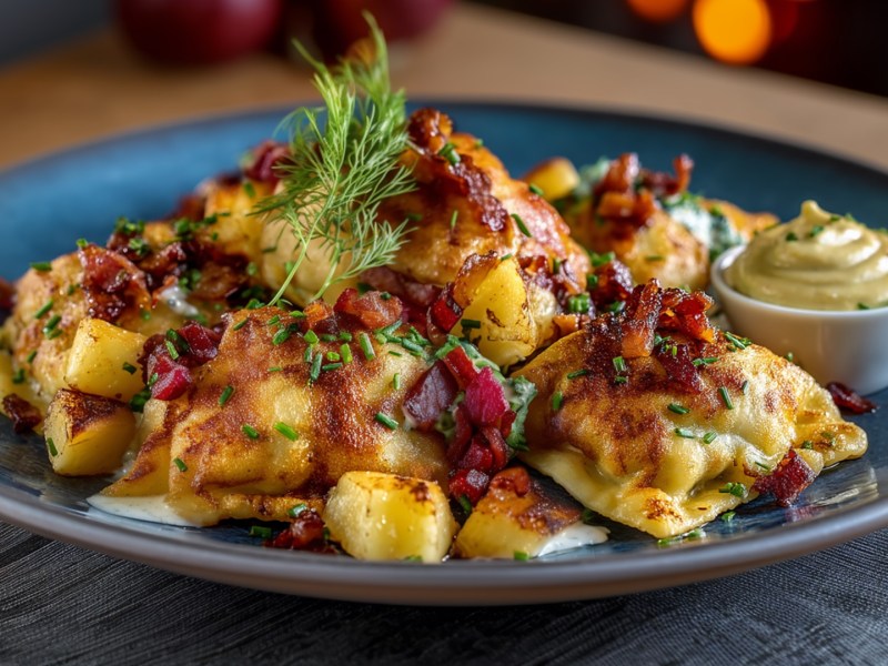 Ein Teller mit einer Portion Maultaschen mit Bacon und karamellisierten Äpfeln. Der Teller steht auf einem Stoffuntersetzer.