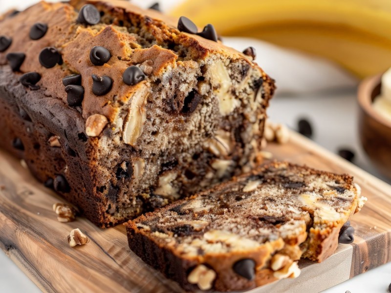 Ein angeschnittener Laib Miso-Bananenbrot mit Schokotropfen.