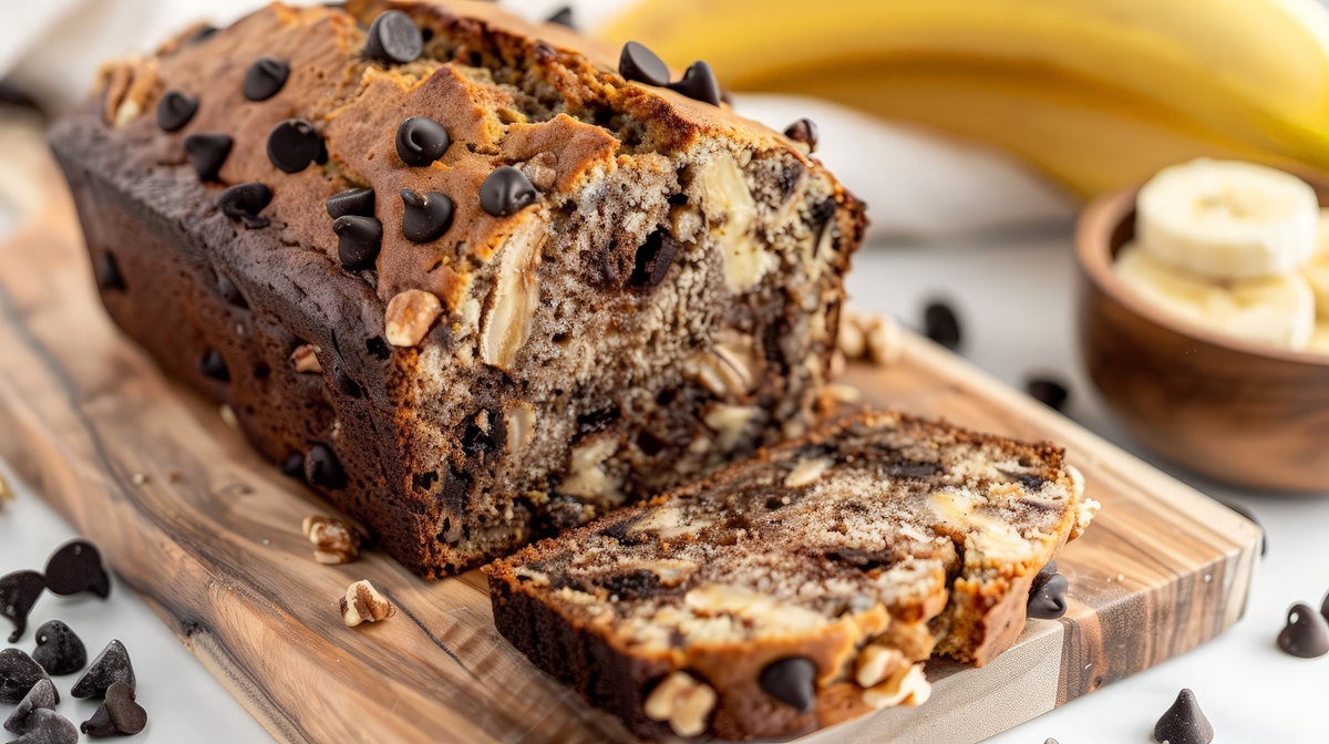 Ein angeschnittener Laib Miso-Bananenbrot mit Schokotropfen.