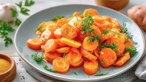 Möhrengemüse mit Curry und Petersilie auf einem Teller.