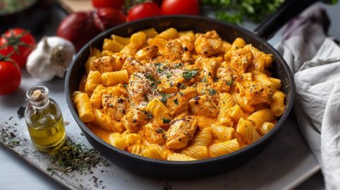 Pfanne mit Nudeln mit Ajvar-Hähnchen