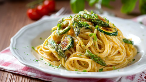 Nudeln mit Zucchini und Spargel auf einem weißen, gemusterten Teller.