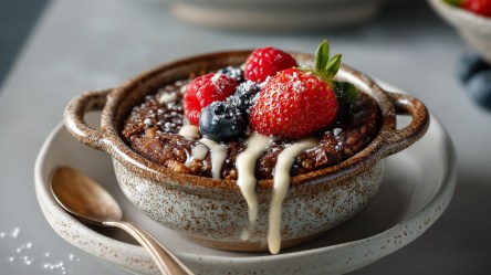 Eine runde kleine Ofenform mit einer Portion Nutella-Baked-Oats, die mit frischen Beeren und etwas weißem Mandelmus garniert sind. Die Form steht auf einem Teller. Daneben liegt ein Löffel.