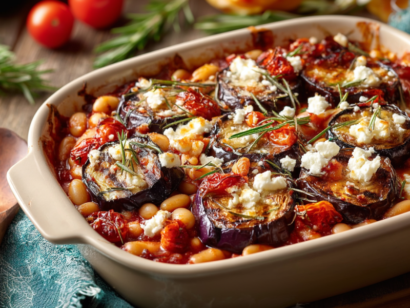 Eine Auflaufform mit Ofen-Auberginen mit Bohnen und Feta, daneben liegt ein Holzlöffel.