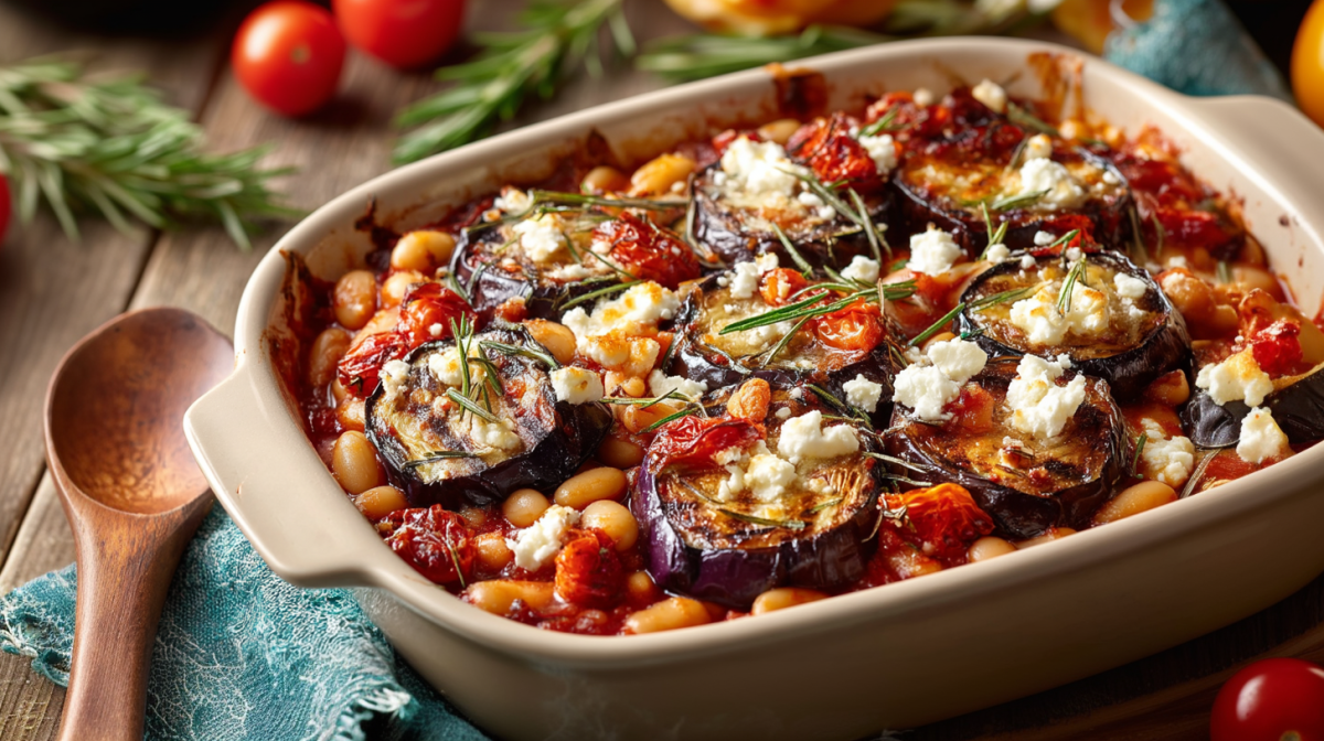 Eine Auflaufform mit Ofen-Auberginen mit Bohnen und Feta, daneben liegt ein Holzlöffel.