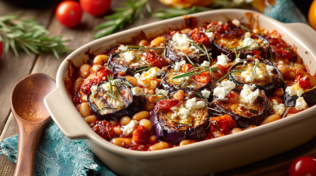 Eine Auflaufform mit Ofen-Auberginen mit Bohnen und Feta, daneben liegt ein Holzlöffel.