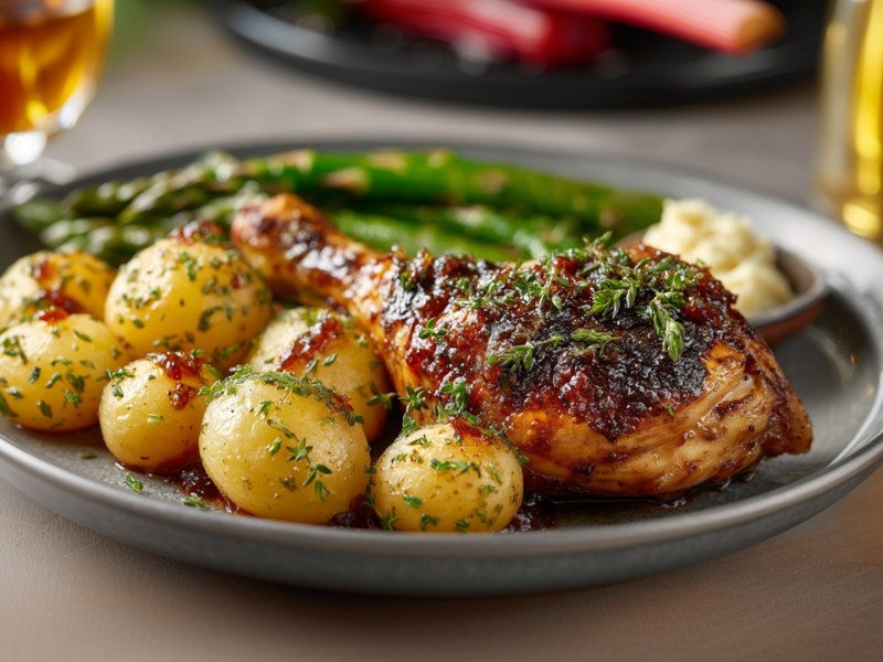 Ein Teller mit Ofen-Hähnchen mit Rhabarberbutter und Spargel.