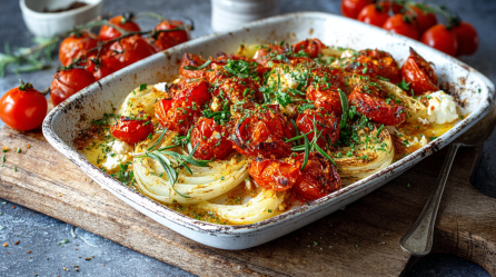 Ofenfenchel mit Tomaten und Feta in einer Auflaufform.