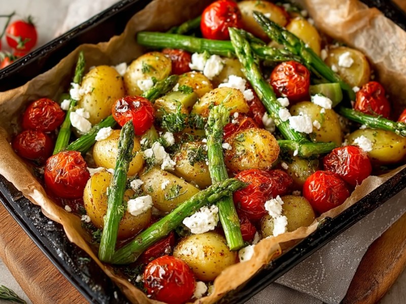 Blech mit Ofengemüse mit grünem Spargel
