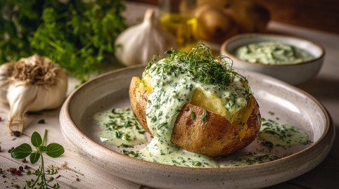 Teller mit Ofenkartoffel mit veganer Frankfurter Grüne Soße