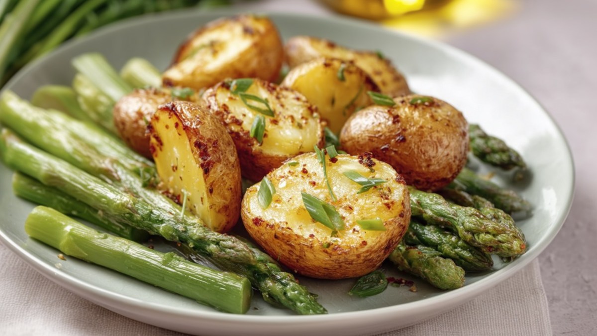 Ofenkartoffeln mit Spargel auf einem Teller.