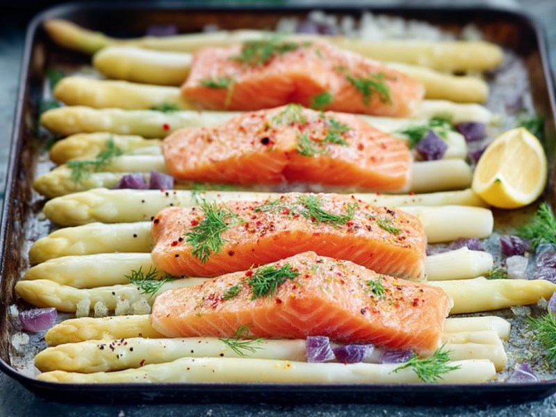 Weißer Ofenspaergel mit Lachs auf einem Backblech.