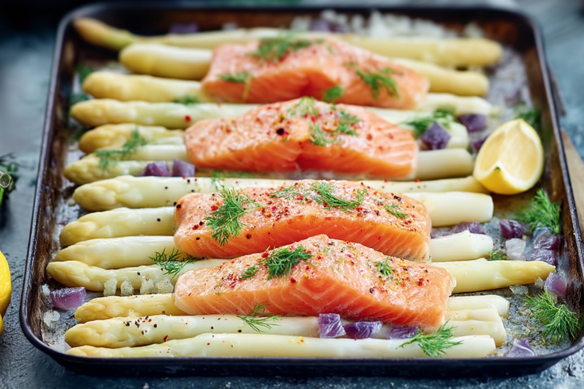 Weißer Ofenspaergel mit Lachs auf einem Backblech.