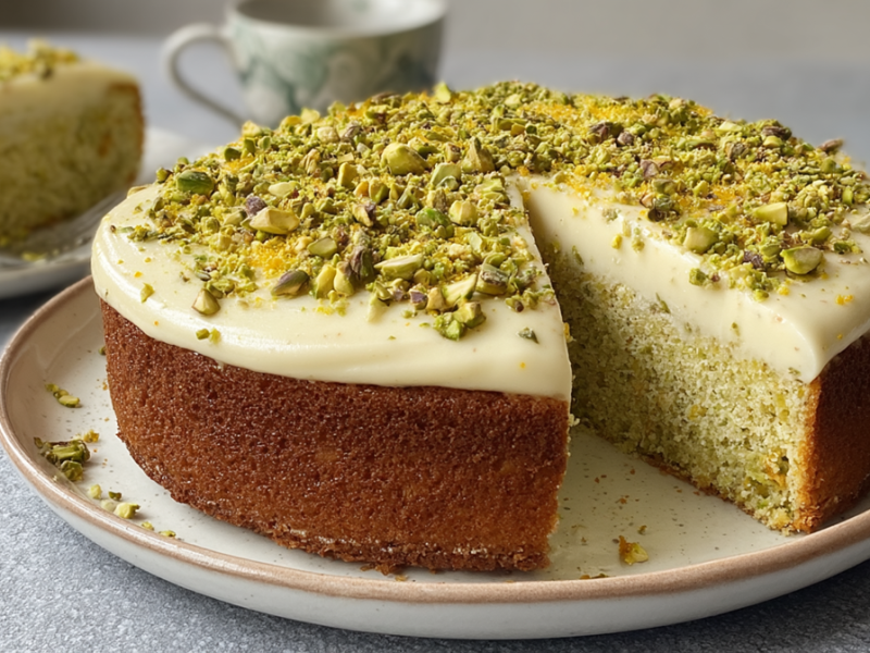 Ein Teller auf dem ein runder angeschnittener Orangen-Pistazien-Kuchen mit Ricotta-Frosting liegt. Im Hintergrund kann man einen Teller mit einem Kuchenstück und eine Tasse Kaffee erkennen.