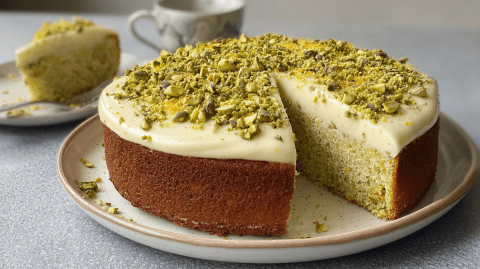 Ein Teller auf dem ein runder angeschnittener Orangen-Pistazien-Kuchen mit Ricotta-Frosting liegt. Im Hintergrund kann man einen Teller mit einem Kuchenstück und eine Tasse Kaffee erkennen.